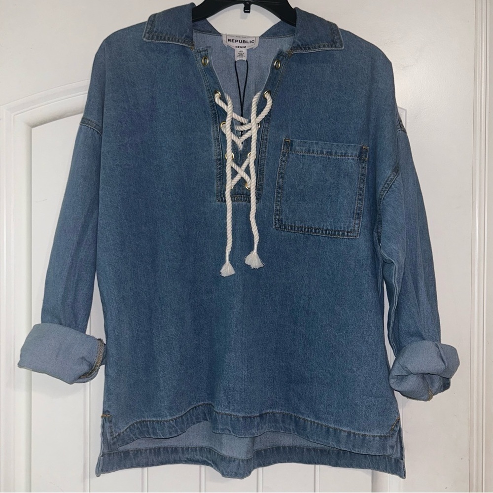 NWT For The Republic Denim Rope Pull Over Long Sleeve Shirt Women’s Small